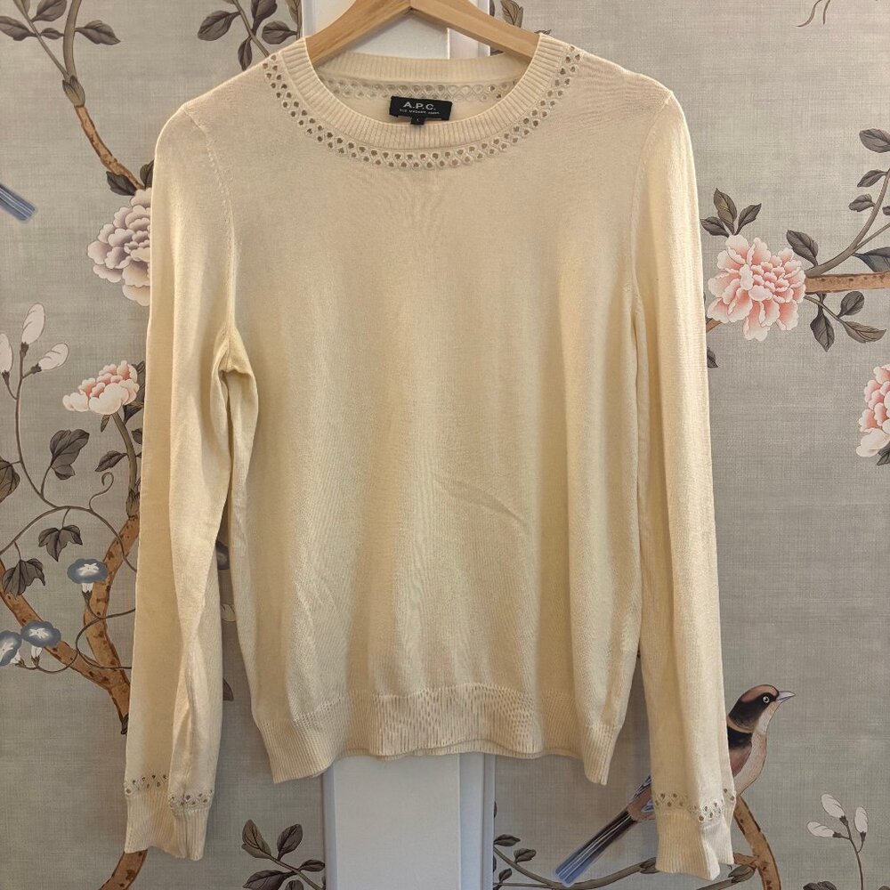 A.P.C. Lightweight Cotton Cashmere Ivory Crewneck Sweater,  Large